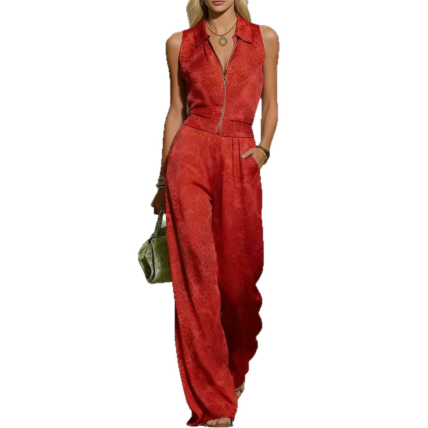 Retro Elegant Leopard Print Lapel Sleeveless Chiffon Top and Wide-Leg Pants Set