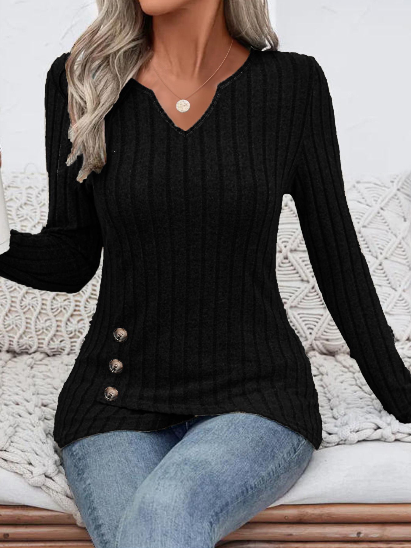 Ribbed Stretch V-Neck Long-Sleeve Top with Side Buttons and Asymmetrical Hem
