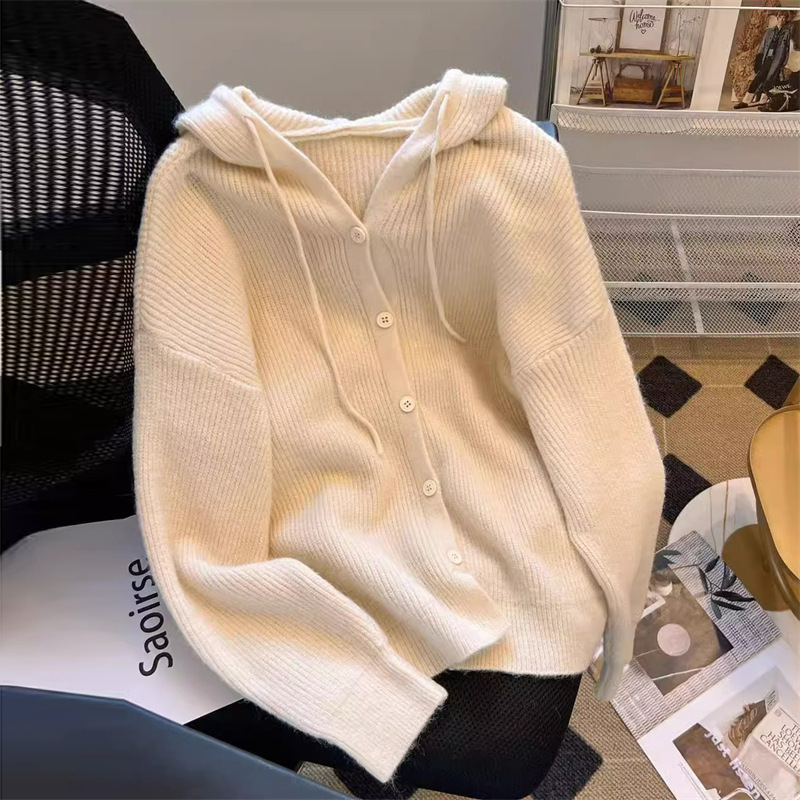 Soft Knit Hooded Cardigan Women's Slimming Gentle Style Sweater Coat