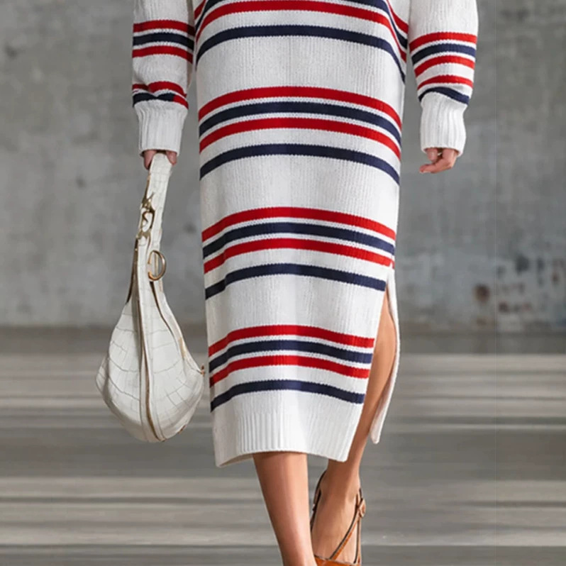 Retro Striped Long Sleeve Slit Midi Dress