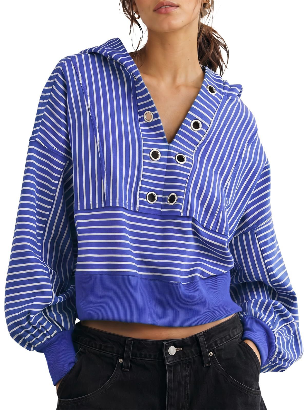 Women's Striped Short V-Neck Hooded Loose Sweatshirt
