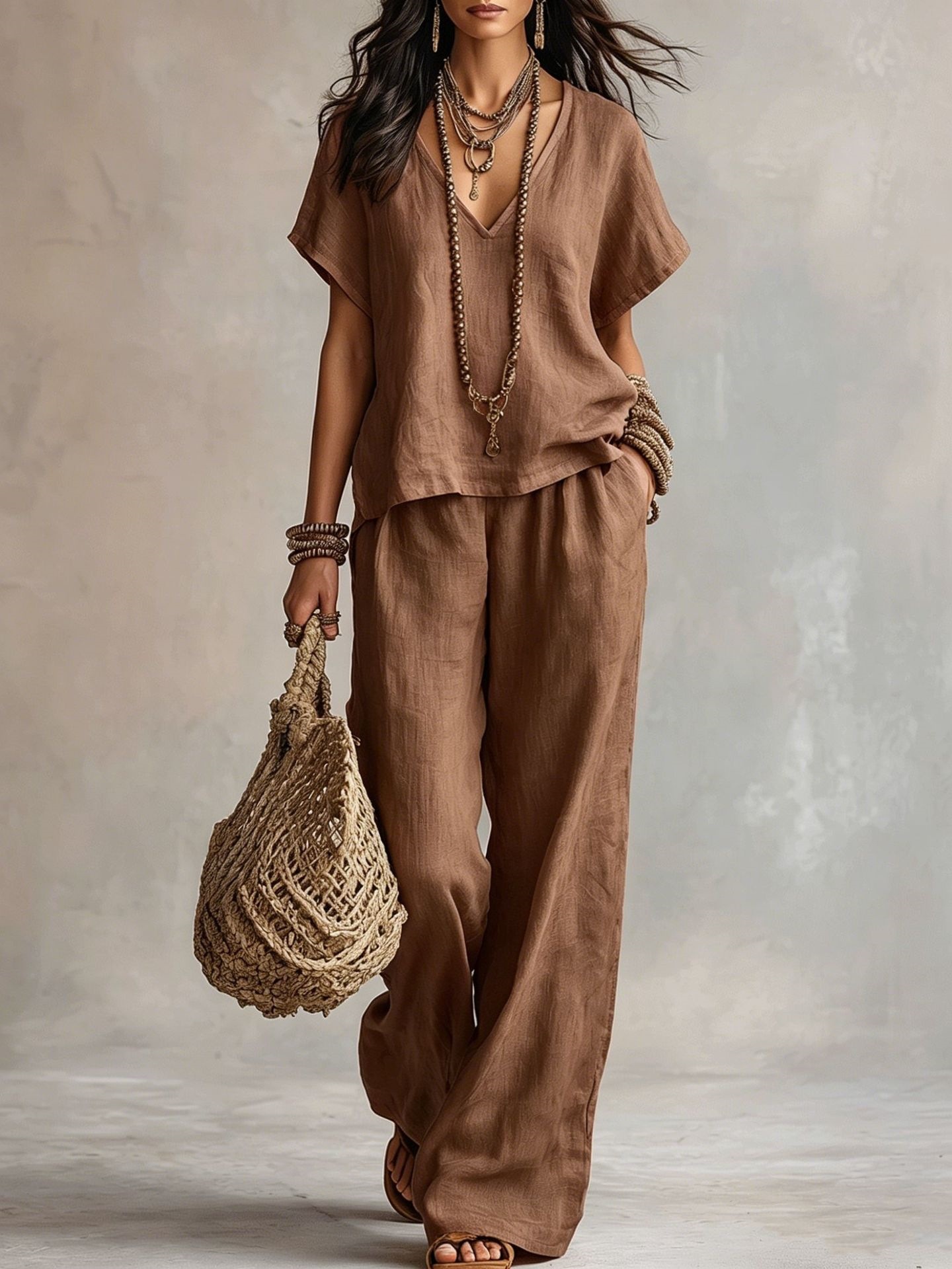Women's Casual Solid V-Neck Short Sleeve Top & Pants Two-Piece Set