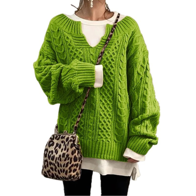 Women's Cable Knit V-Neck Sweater Loose Fit Long Sleeve Pullover