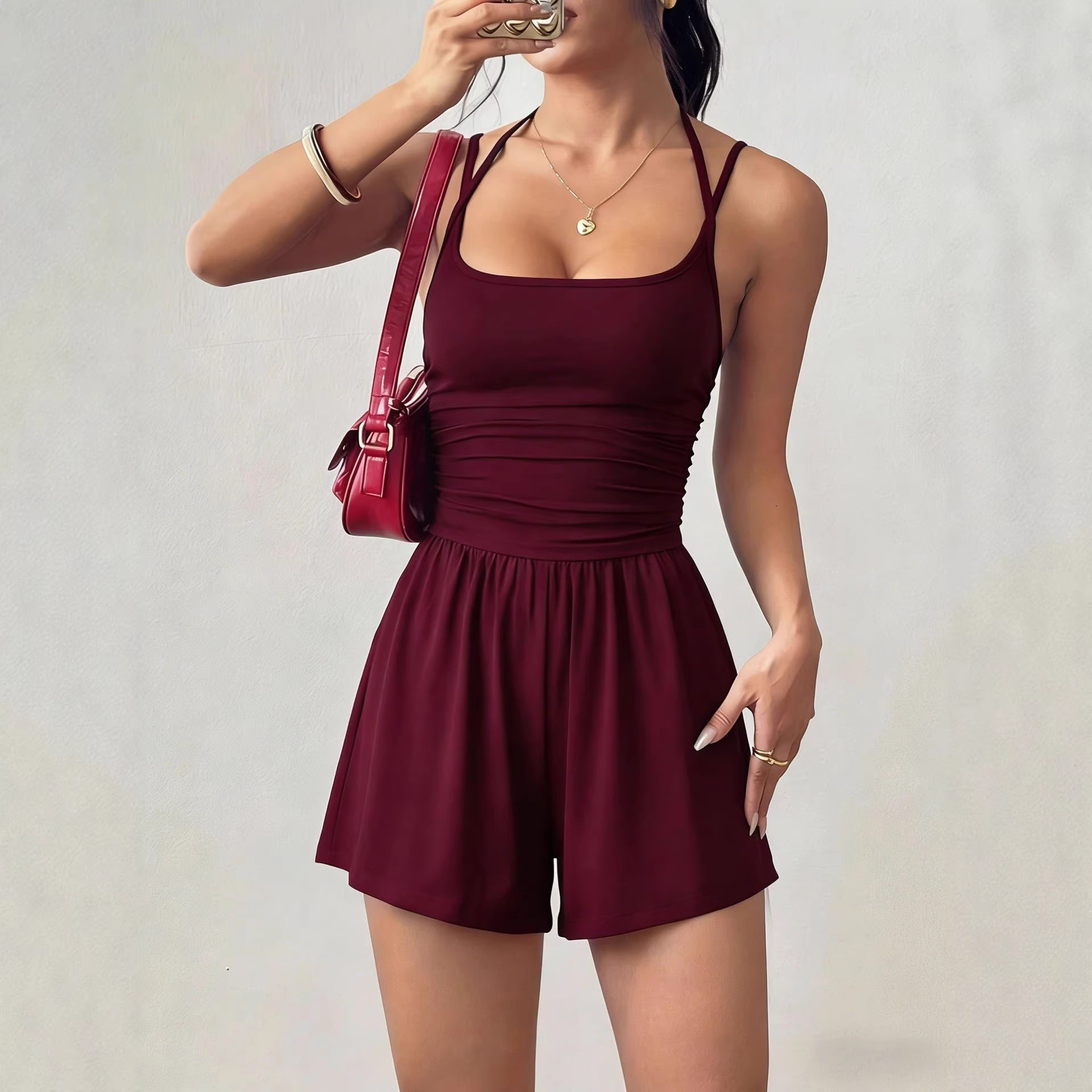 Women's Sleeveless Cami Romper Wide-Leg Shorts Solid Casual