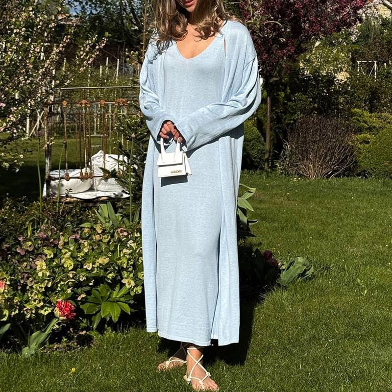Women's Solid Color Sleeveless Midi Dress and Long Sleeve Cardigan Knit Set