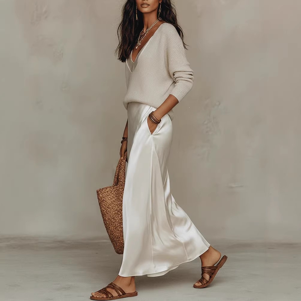Women's Ribbed Knit Top & Satin Dress 2-Piece Set