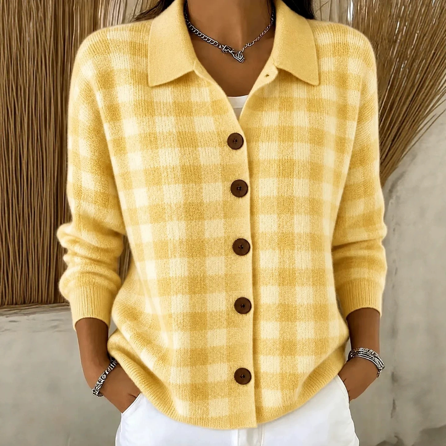 Women's Loose Plaid Long Sleeve Collared Cardigan Sweater