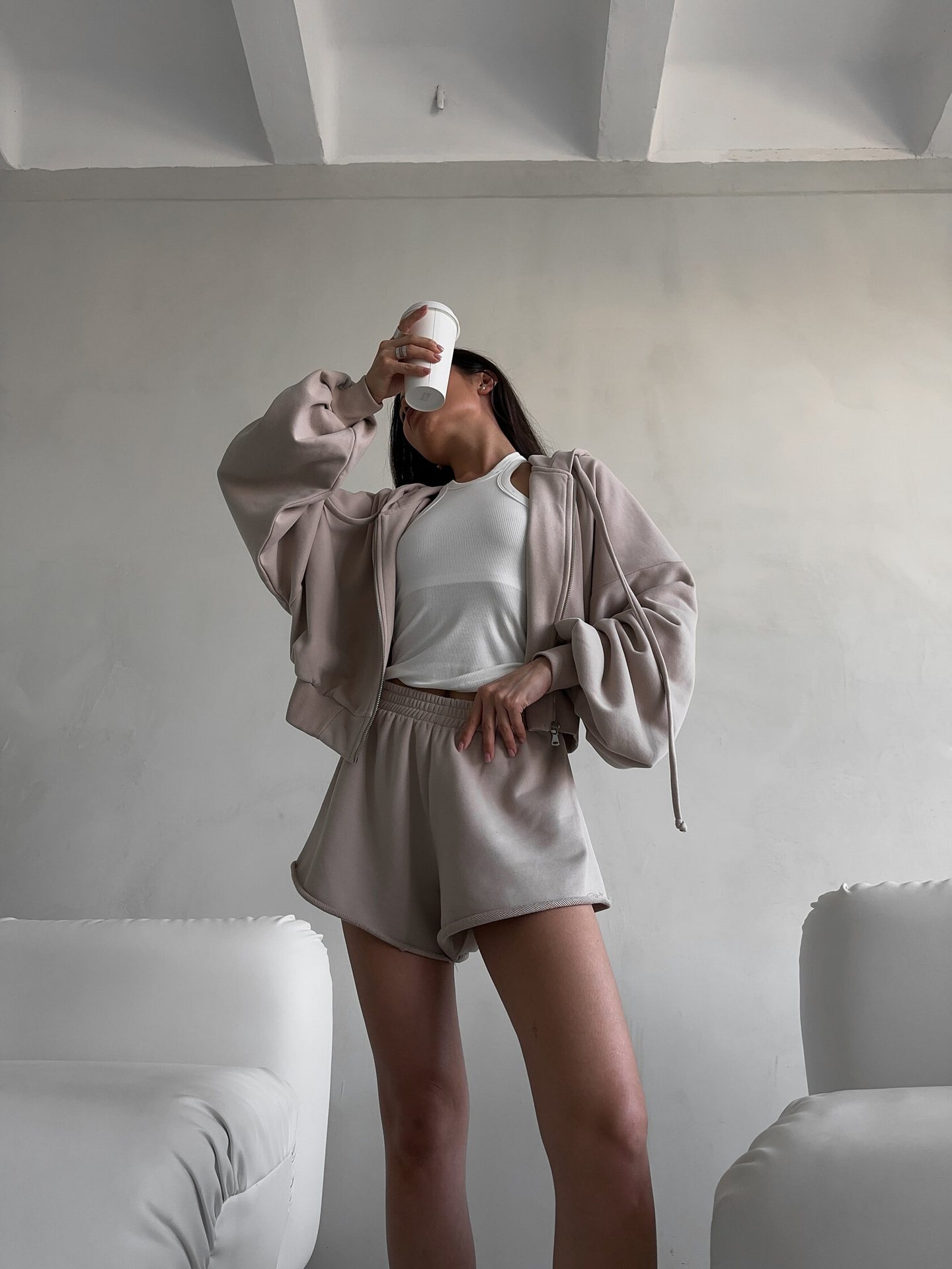 Women's Solid Color Long Sleeve Hooded Drawstring Sweatshirt and Shorts Set