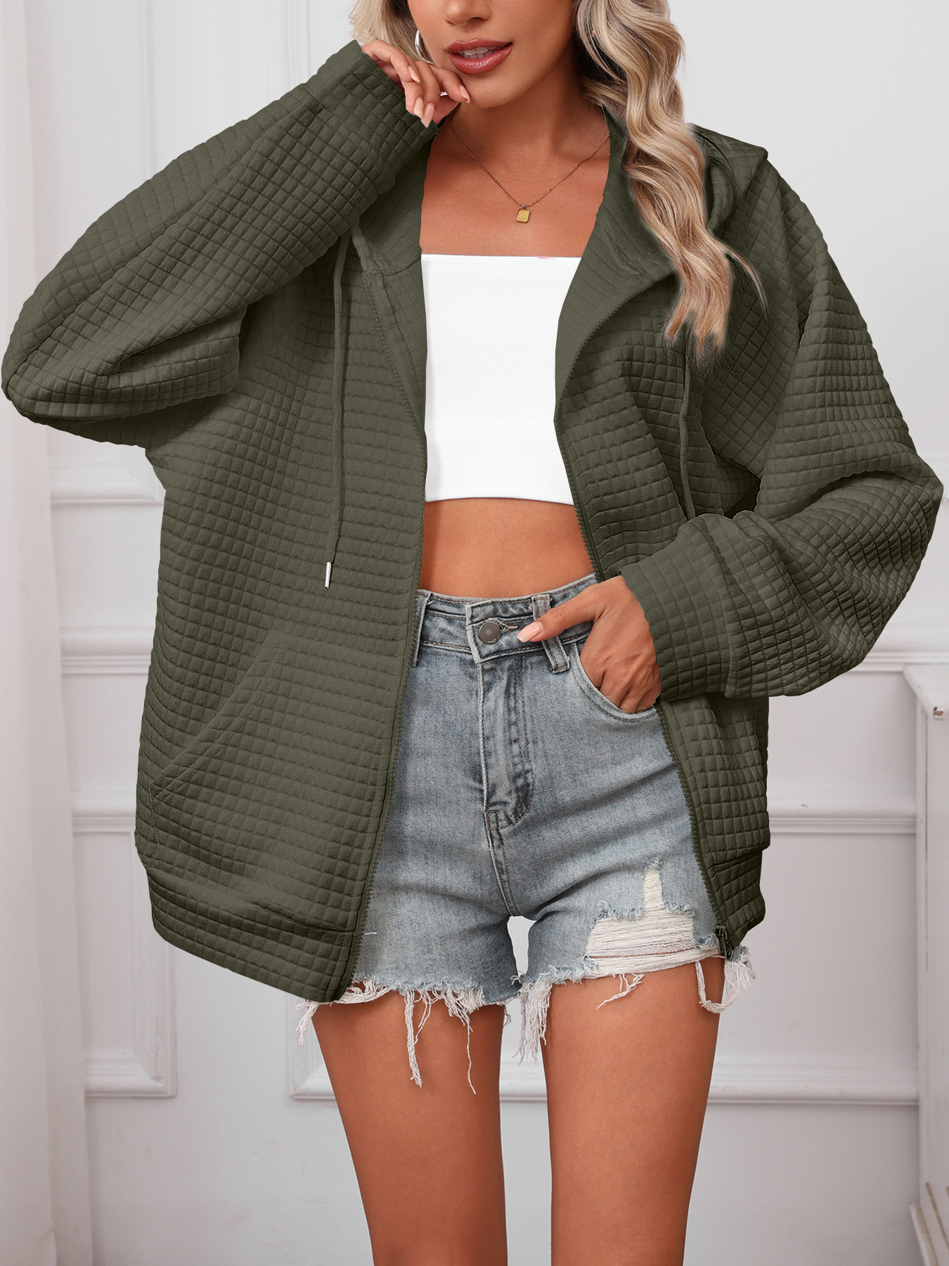 Waffle Knit Hooded Drawstring Zip-Up Jacket for Women
