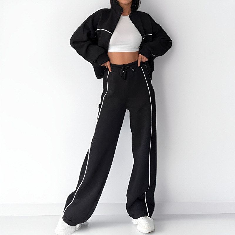 Women's Half-Turtleneck Zip Cardigan and Tie Pants Set Casual Sportswear
