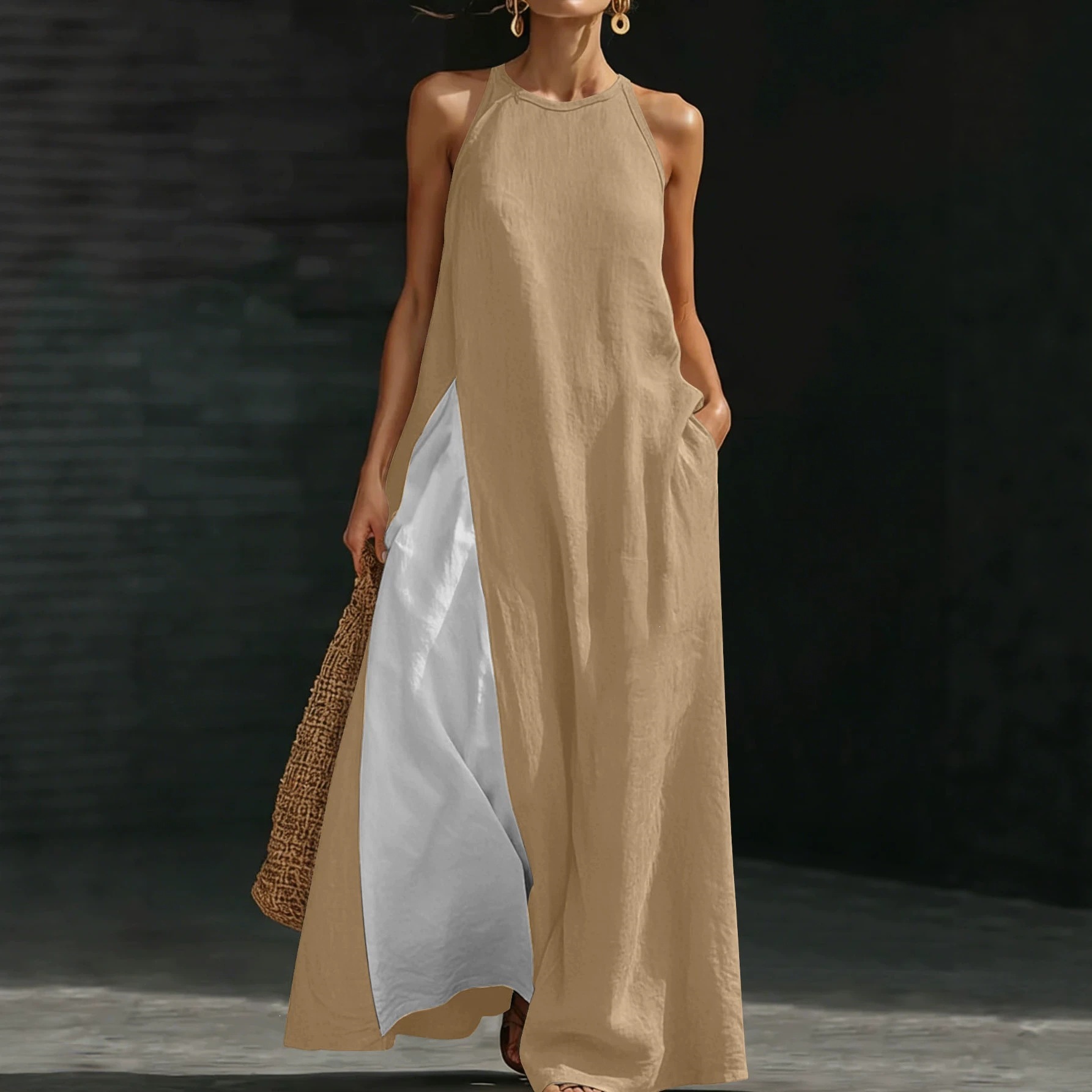 Color-Block Sleeveless Off-Shoulder A-Line Maxi Dress with Pockets