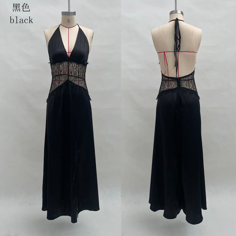 Women's Deep V Lace Sheer Backless Long Dress