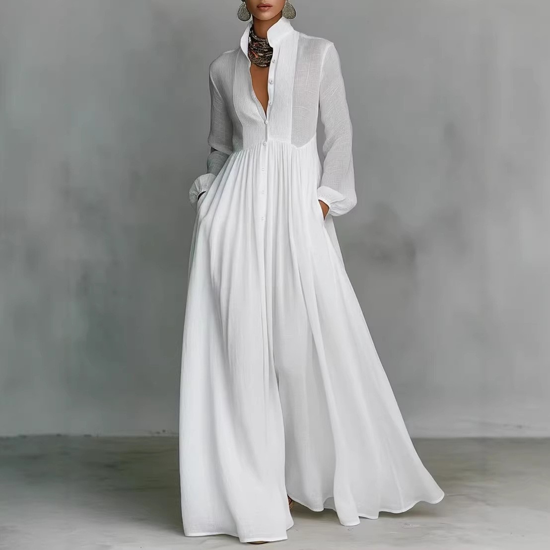 Women's Pleated Long Sleeve Midi Dress Solid Color Slim Waist French Style