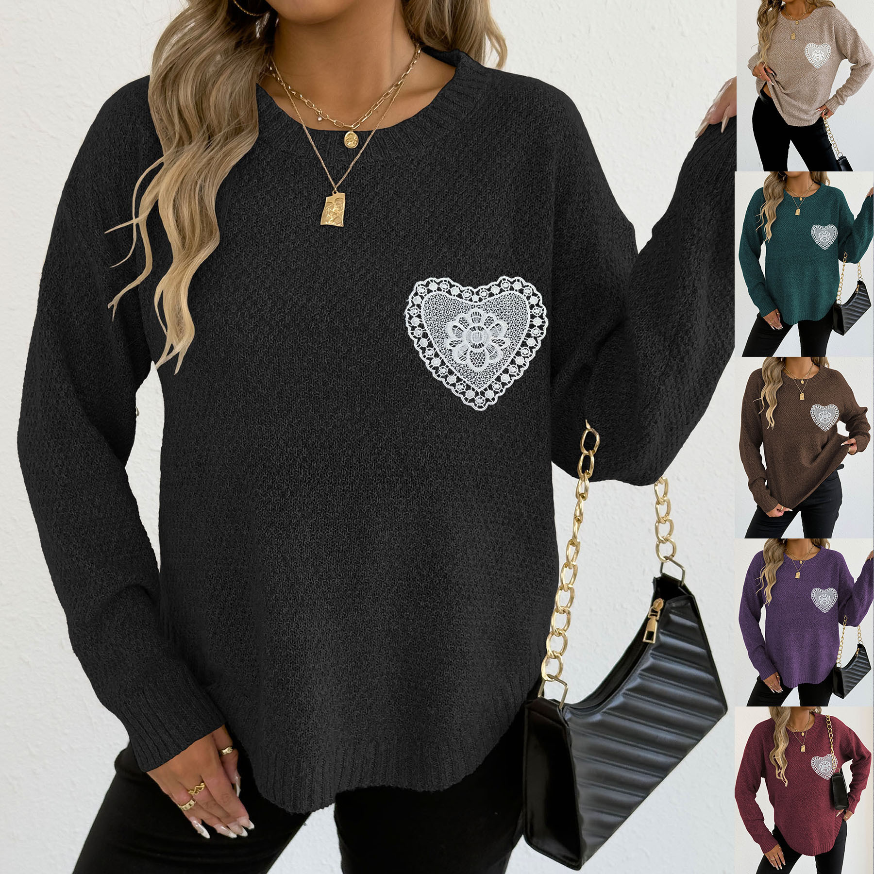 Women's Hollow Lace Pocket Faux Fur Knit Pullover Sweater Crew Neck