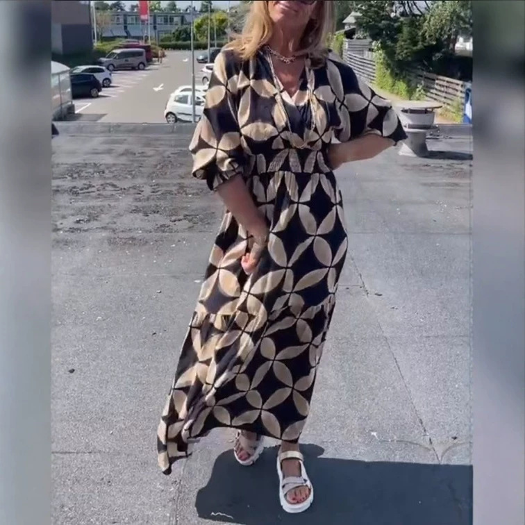 Women's Loose V-Neck Coin Print Maxi Dress