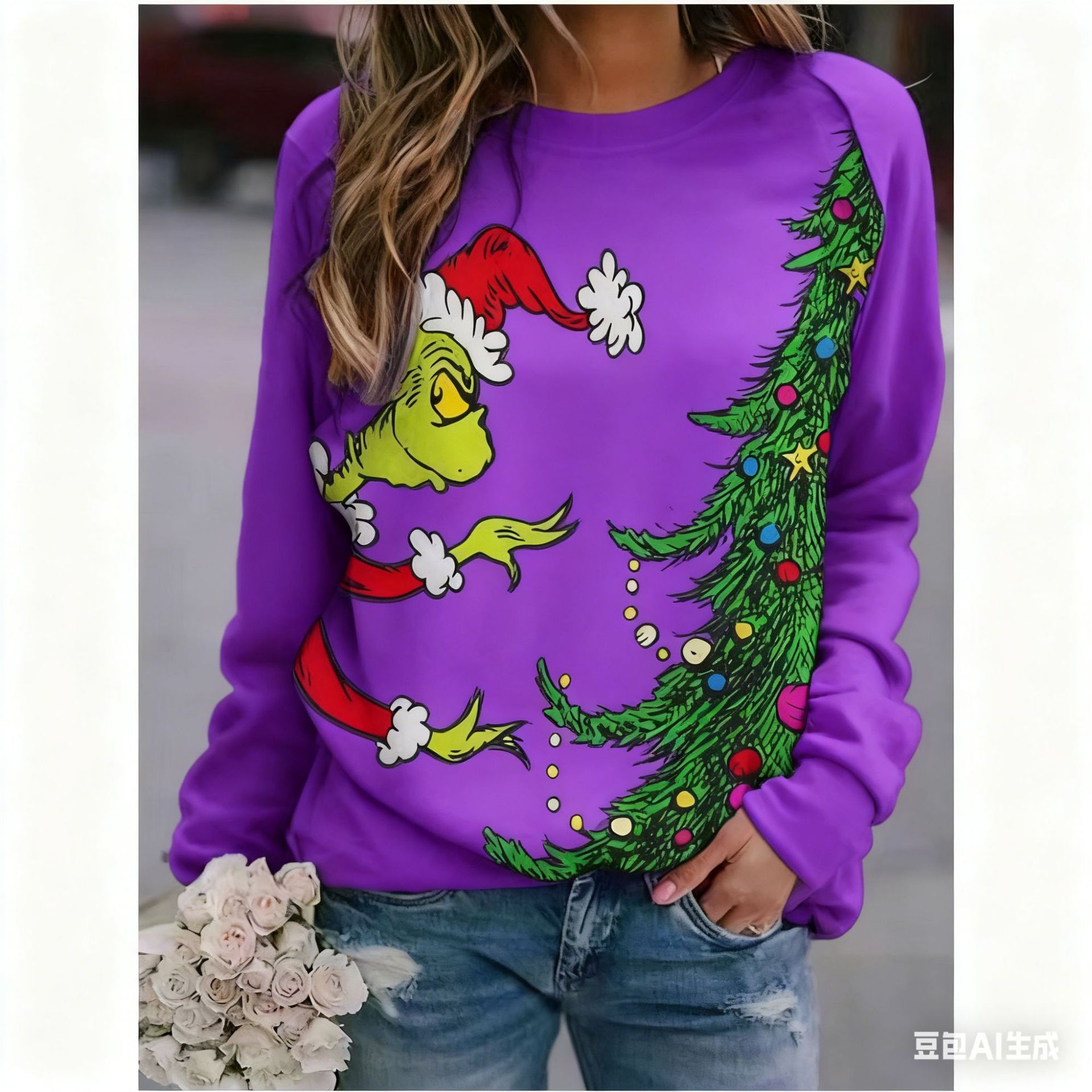 Women's Christmas Tree Grinch Reindeer Print Crewneck Sweatshirt