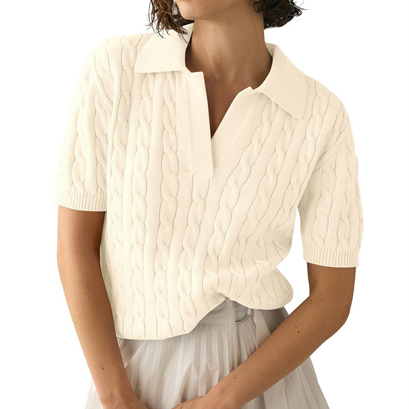 Women's Polo Collar Short Sleeve Cable Knit Sweater