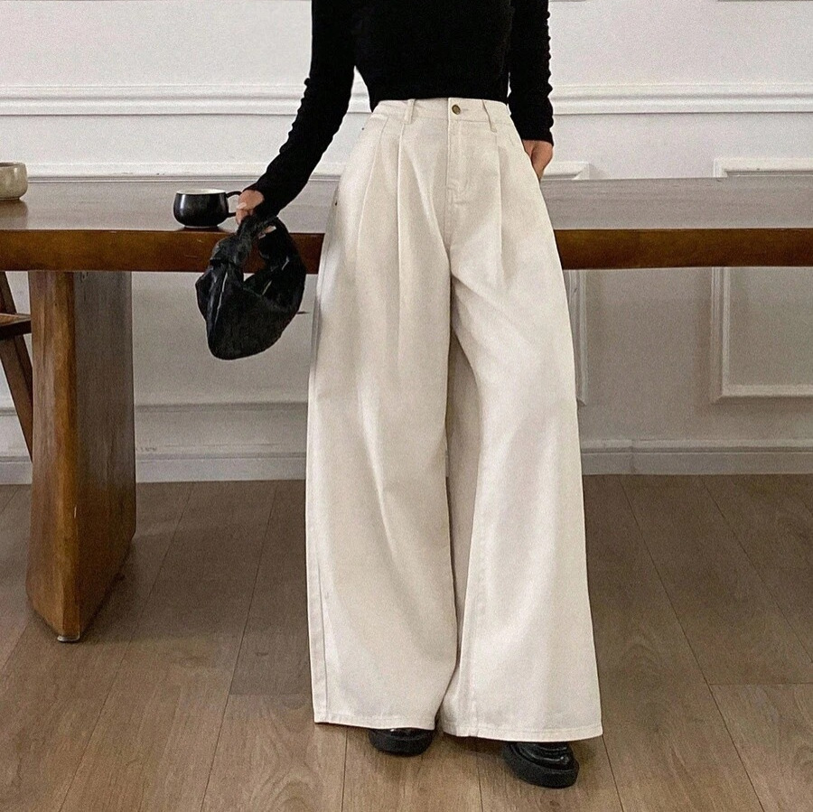 Women's White Wide-Leg High-Waist Jeans Loose Straight-Leg