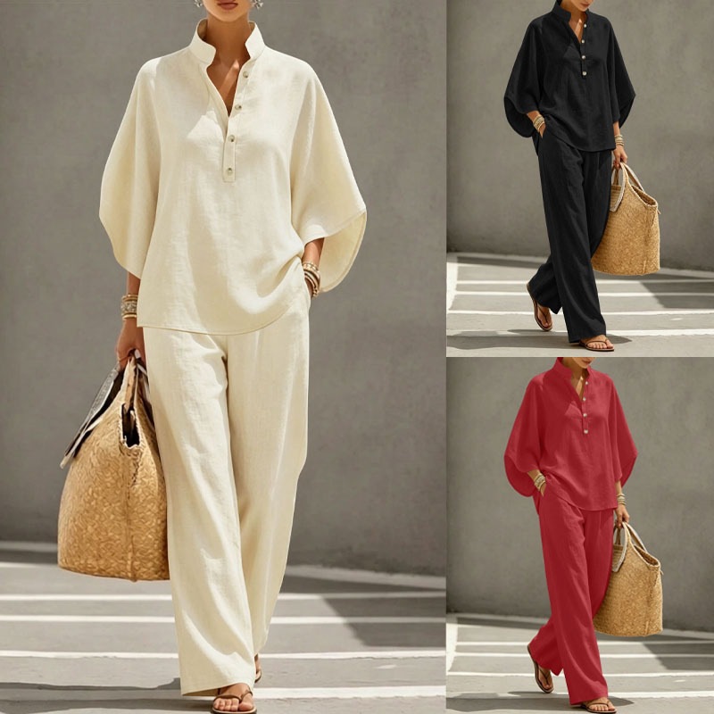 Minimalist Loose Batwing Sleeve Half-Placket High-Waist Wide-Leg Two-Piece Set