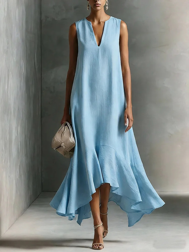 Deep V-Neck Sleeveless Asymmetrical Hem Dress