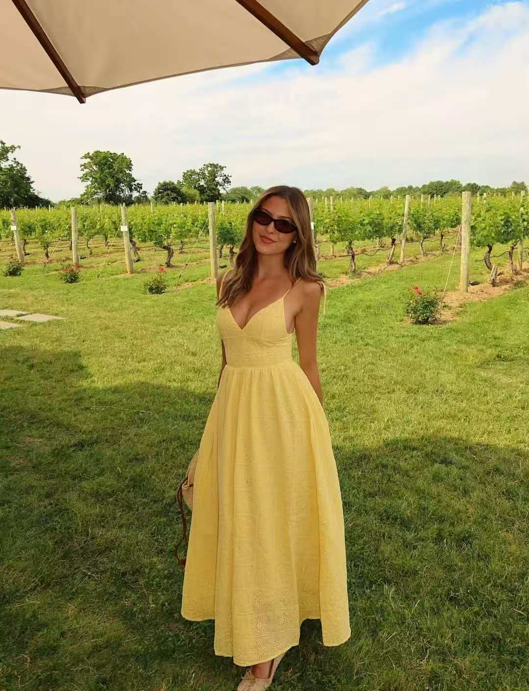 V-Neck Cutout Waist Midi Cami Dress