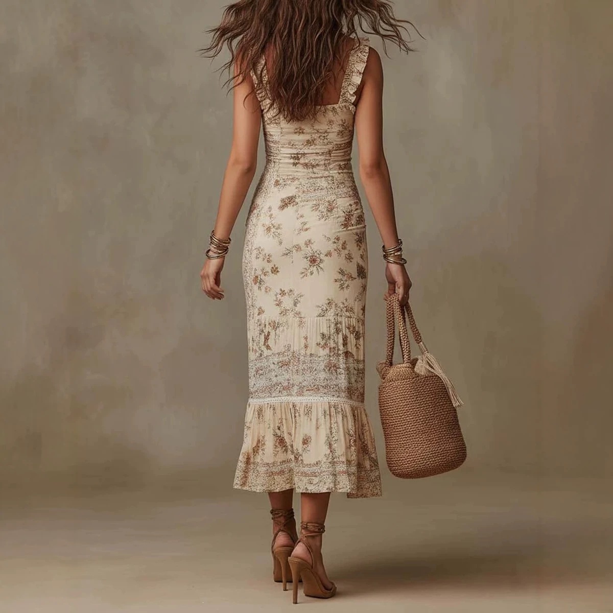 Retro Apricot Floral Ruffle Strap Midi Dress with Cinched Waist, Ruched Slit and Mermaid Hem