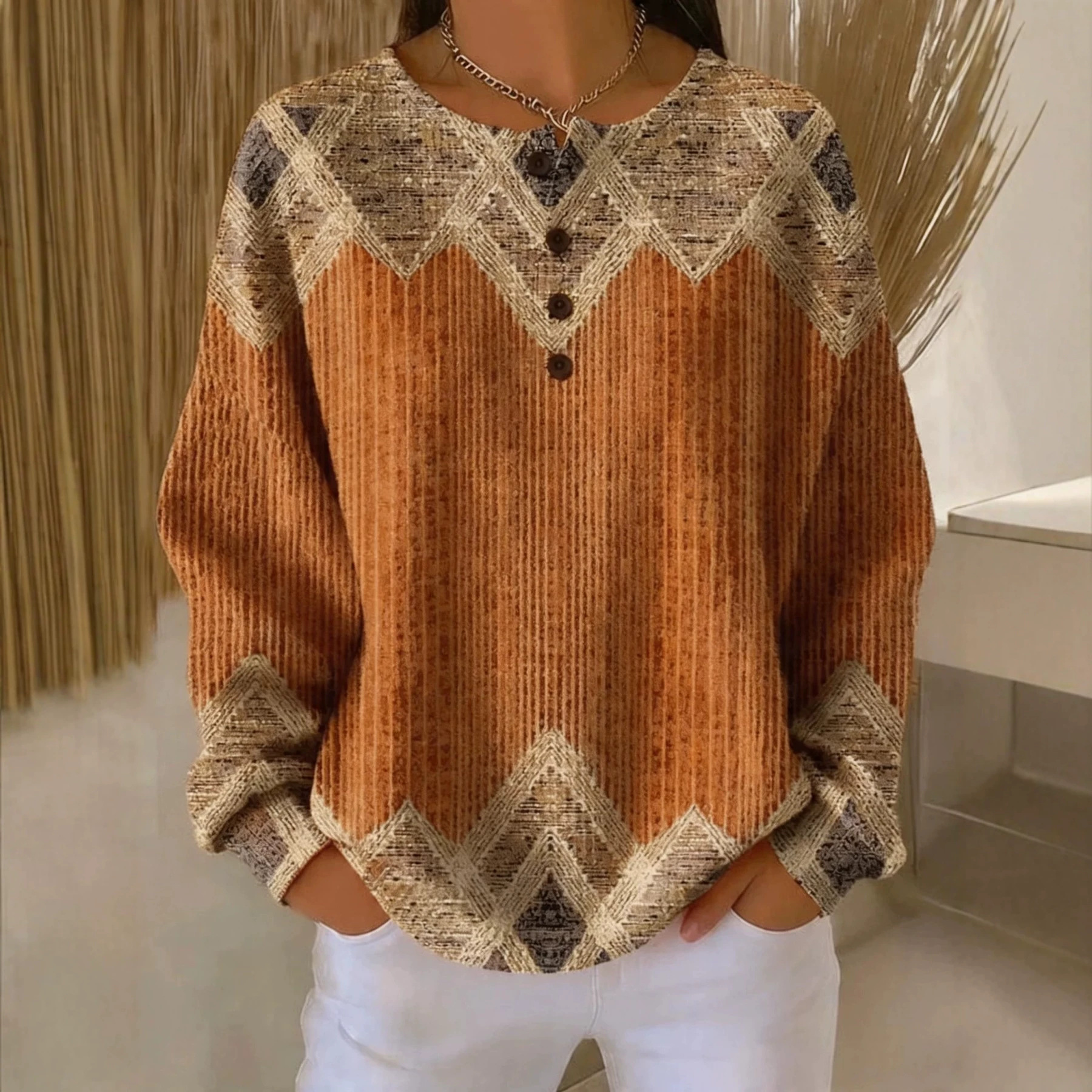 Women's Bohemian Paisley Print Buttoned Sweatshirt