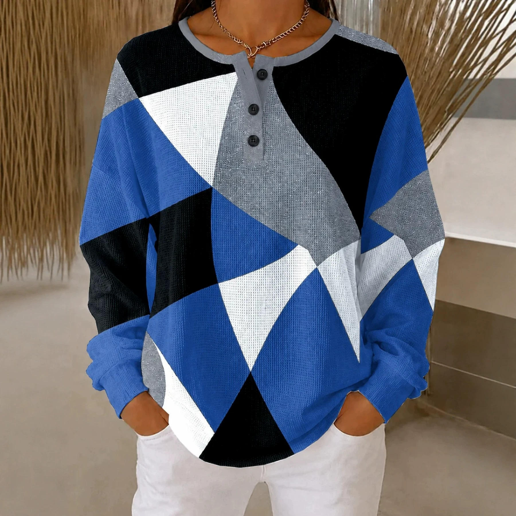 Plaid Colorful Print Crewneck Long Sleeve Pullover Sweatshirt
