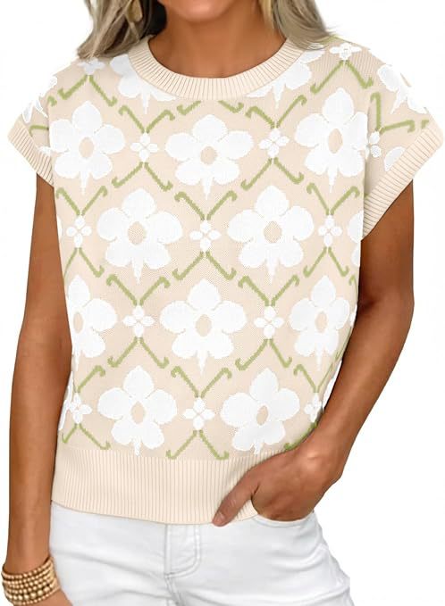 Women's Floral Knit Short Sleeve Sweater Vintage Crew Neck Loose Summer Pullover