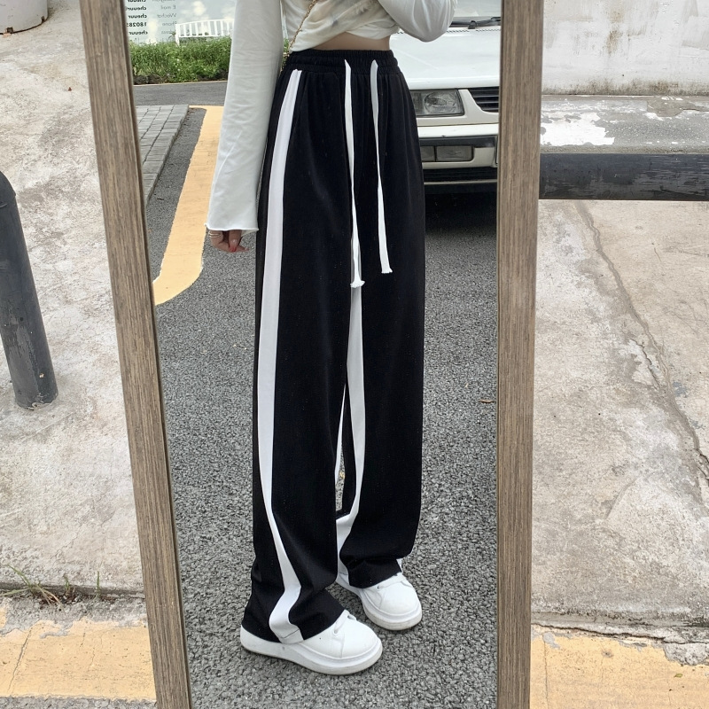 Black and White Colorblock Elastic Waist Wide-Leg Pants Women's Loose Slimming Korean Style