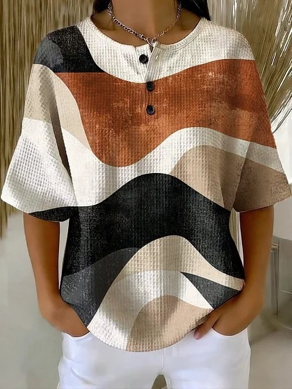 Gradient Wave 3D Digital Print Loose Textured Button Half-Sleeve Hoodie