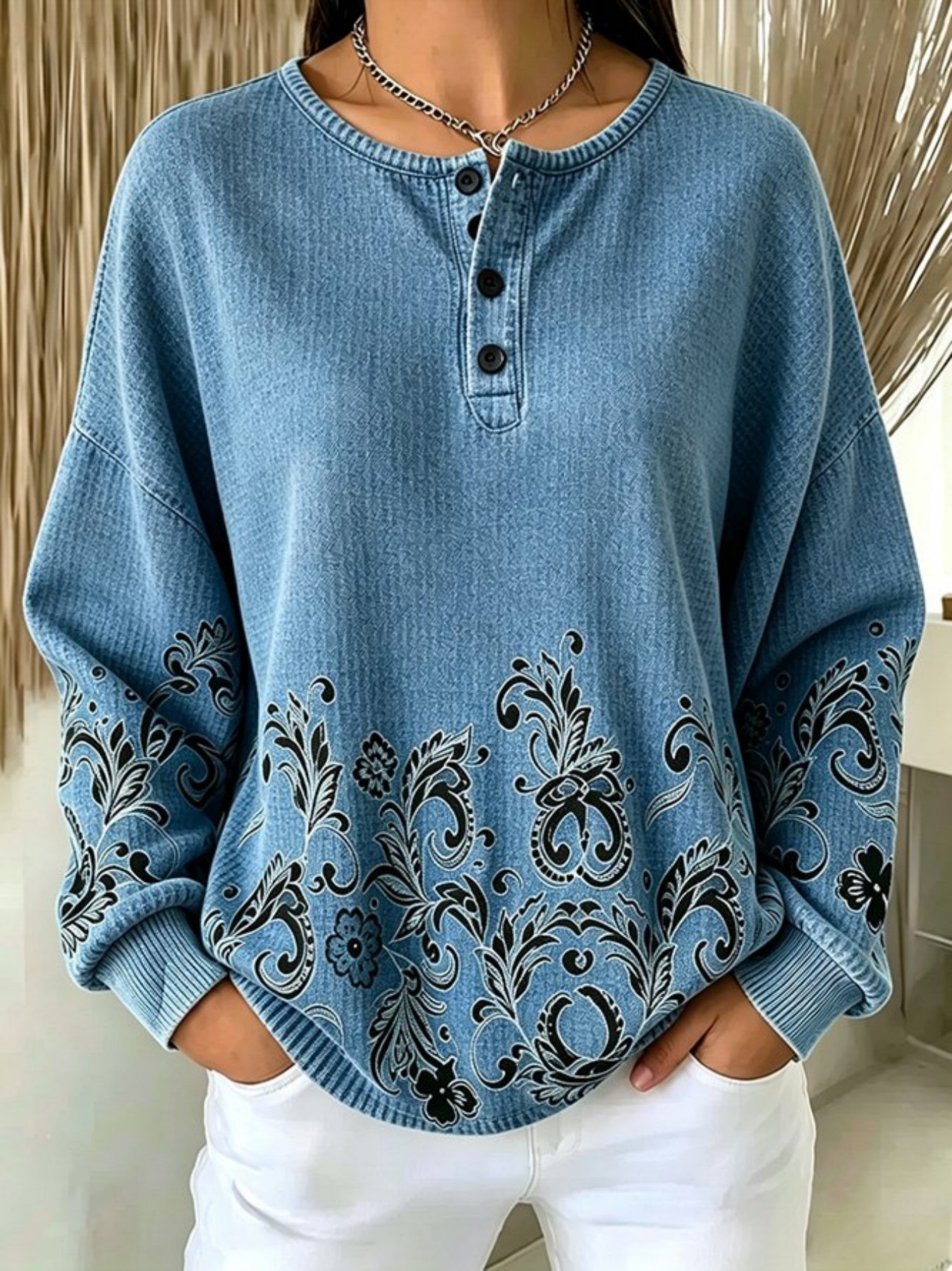 Women's Vintage Floral Print Button Sweatshirt