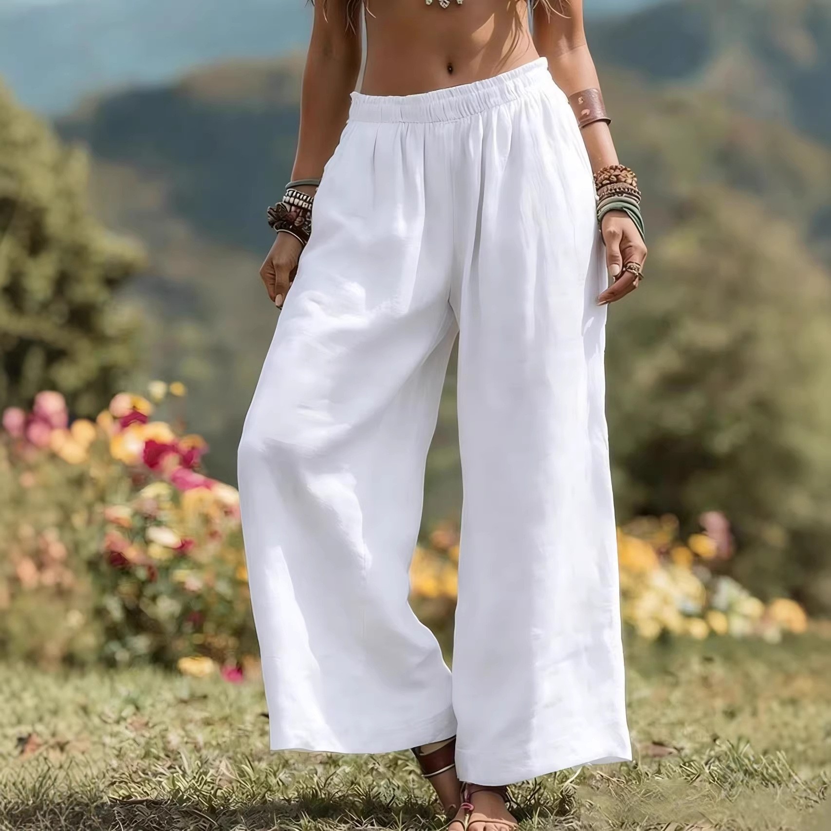 Women's Solid Color Wide-Leg Pants with Side Pockets and Elastic Waist