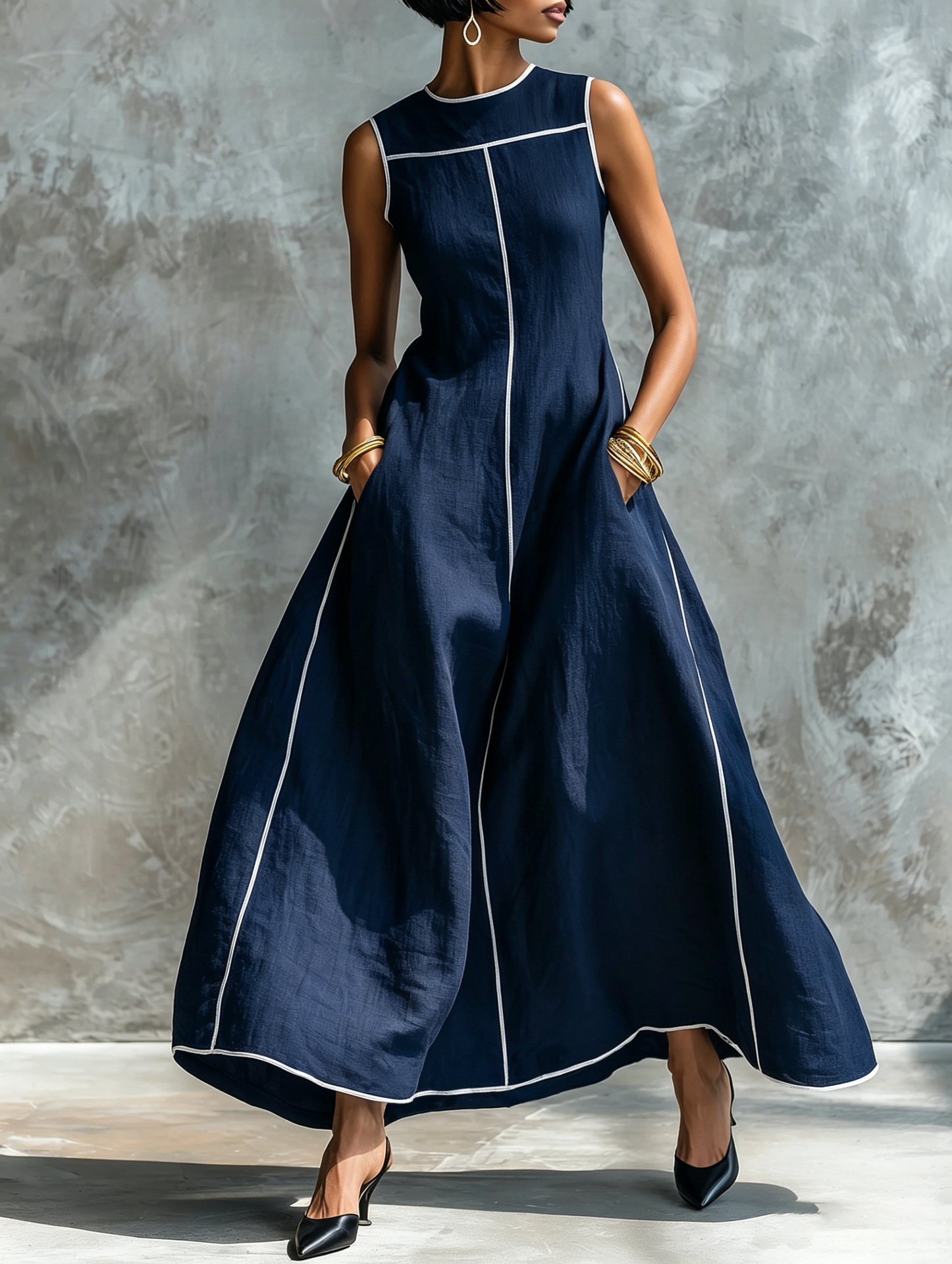 Women's Sleeveless Colorblock A-Line Midi Dress with Contrast Stitching and Cinched Waist