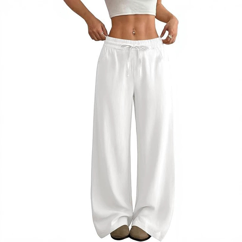 Women's Linen Wide-Leg High-Waist Pants Solid Color Casual Beach Vacation Trousers