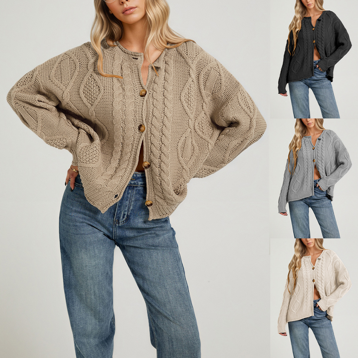 Women's Cable Knit Long Sleeve Cardigan Sweater Coat