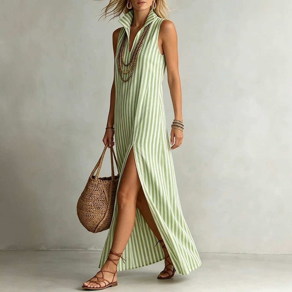 Striped Stand Collar Sleeveless Slit Midi Dress
