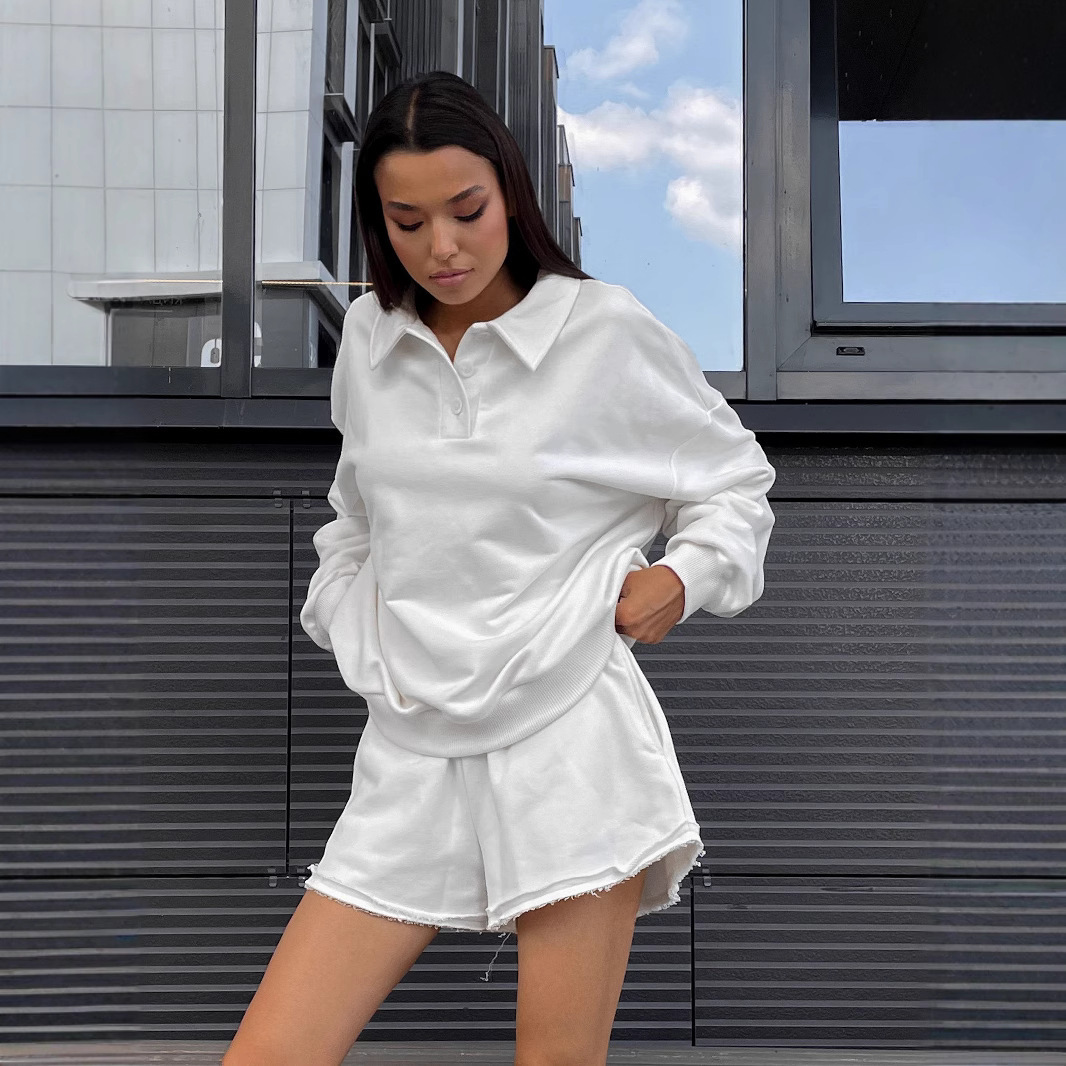 Women's Solid Color Long Sleeve Collared Loose Sweatshirt and Elastic Waist Shorts Two-Piece Set