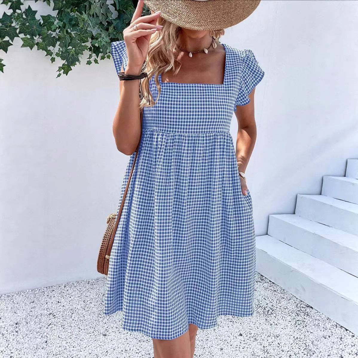 Ruffle Sleeve Square Neck Plaid High Waist Dress