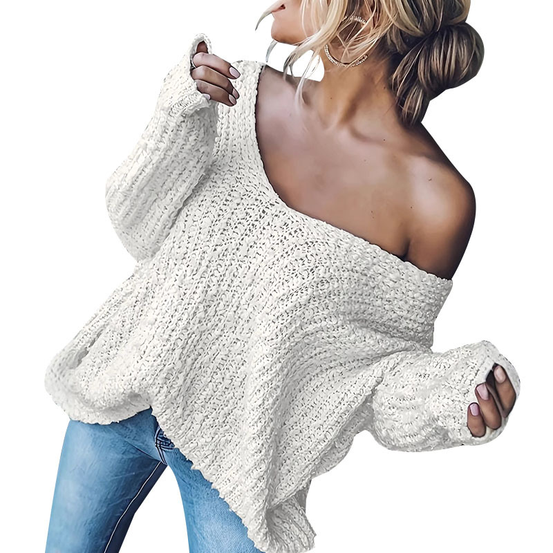 Women's Open-Knit V-Neck Pullover Sweater Solid Color Slim Fit Long Sleeve