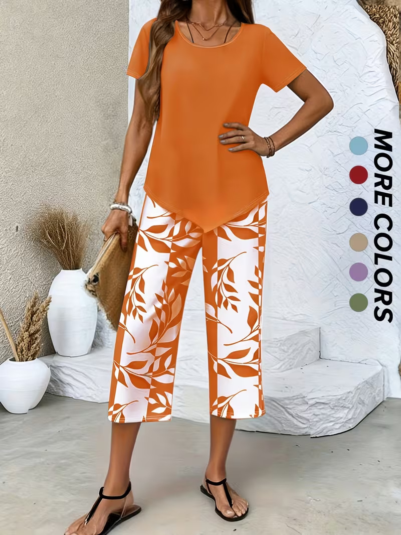 Women's Short Sleeve High Waist Wide Leg Pants Two-Piece Set