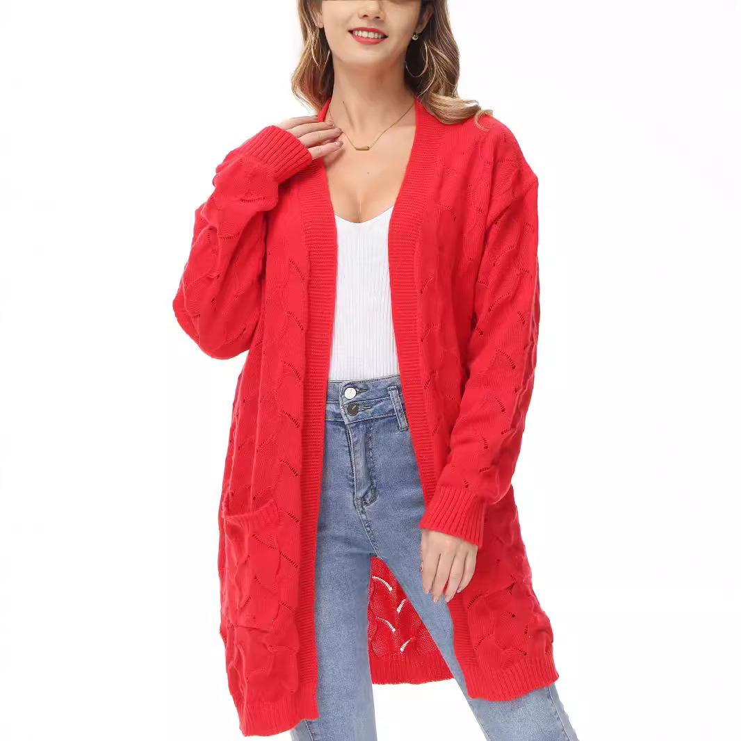 Loose Knit Cardigan Red Mid-Length Soft Elegant Outerwear