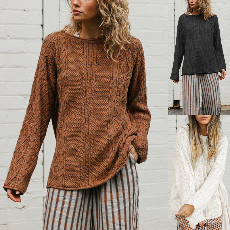 Women's Cable-Knit Sweater Crewneck Loose Fit Long Sleeve Pullover