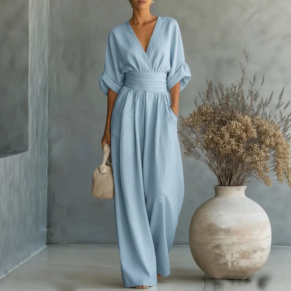 Elegant V-Neck Cinched Waist Wide-Leg Jumpsuit