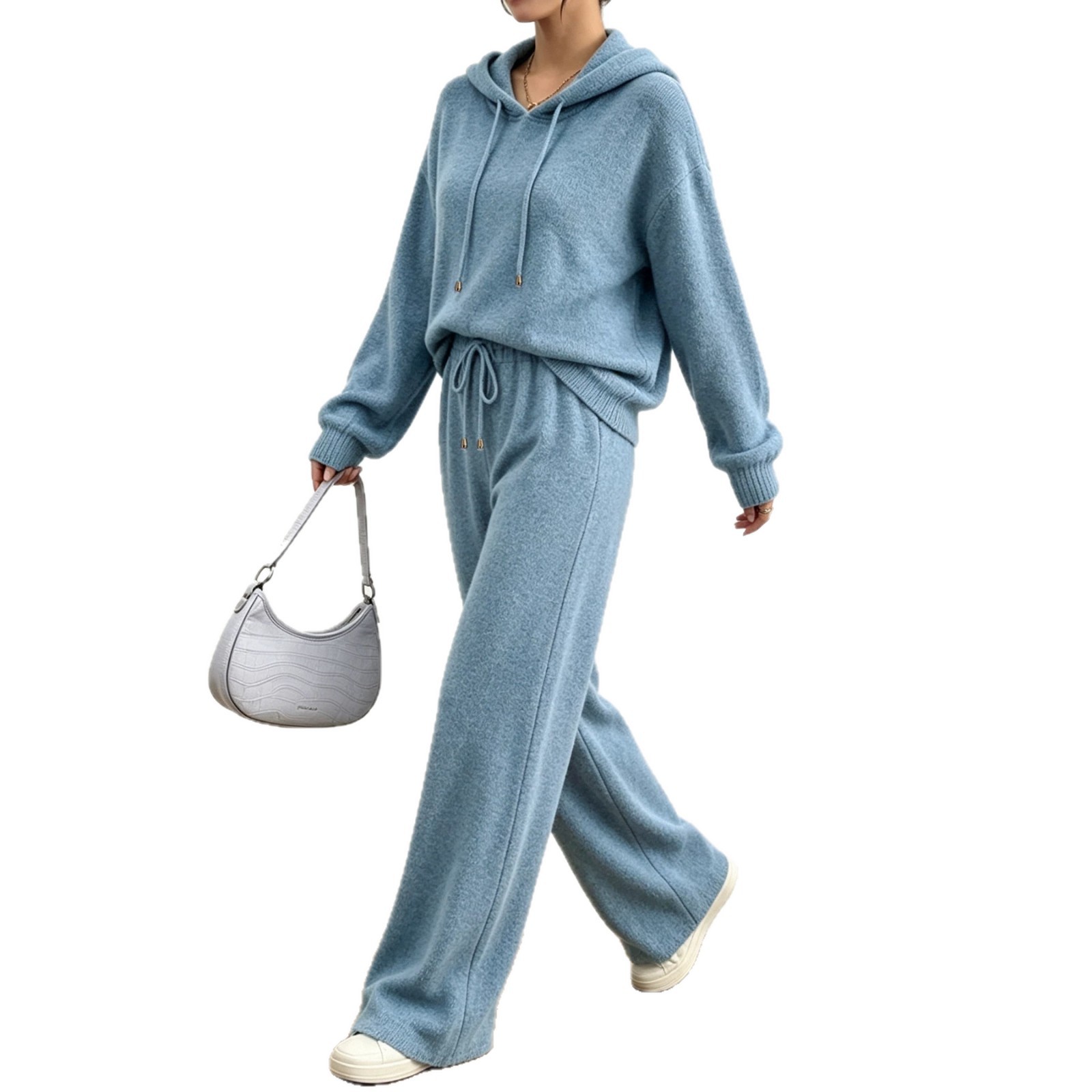 Women's Long Sleeve Knit Two-Piece Set Solid Hooded Top & Wide-Leg Pants