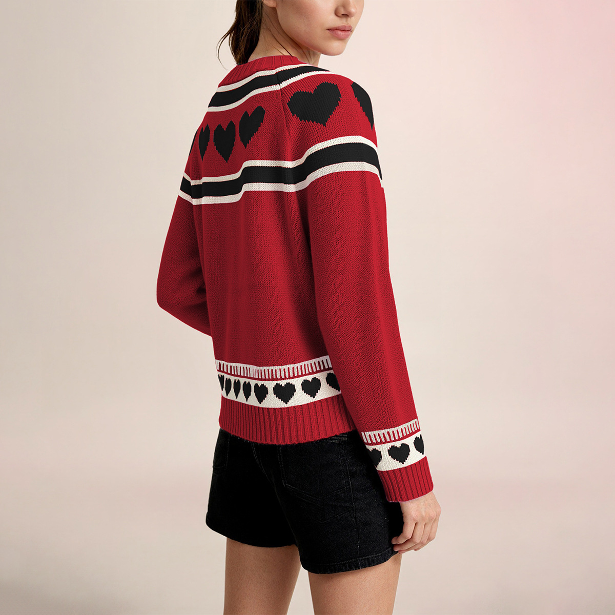Retro Heart Pattern Knit Cardigan with Round Neck and Buttons, Loose Fit