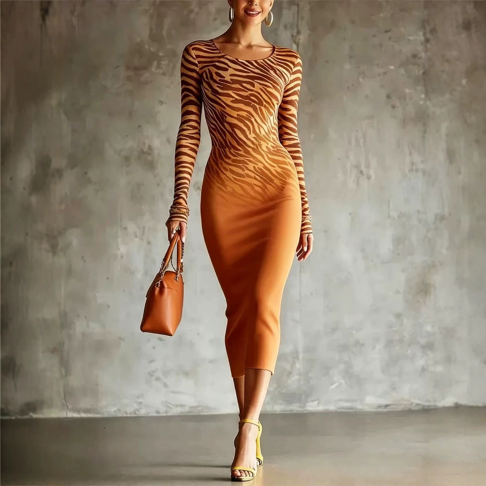 Gradient Zebra Print Long Sleeve Bodycon Midi Dress