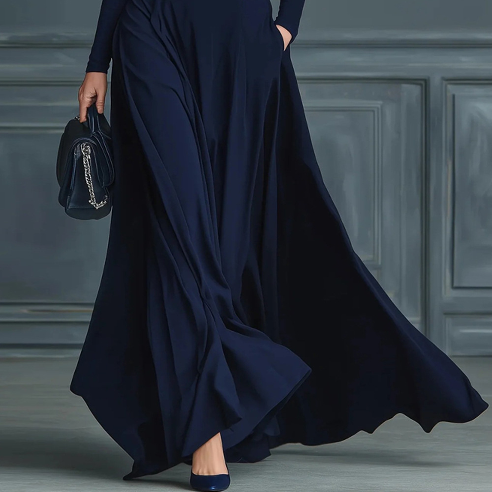 Women's Long Sleeve Solid High Neck A-Line Maxi Dress