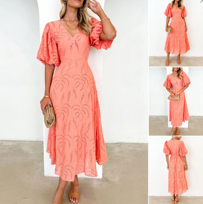 Solid Cutout V-Neck Short Sleeve Waist-Defining Midi Dress