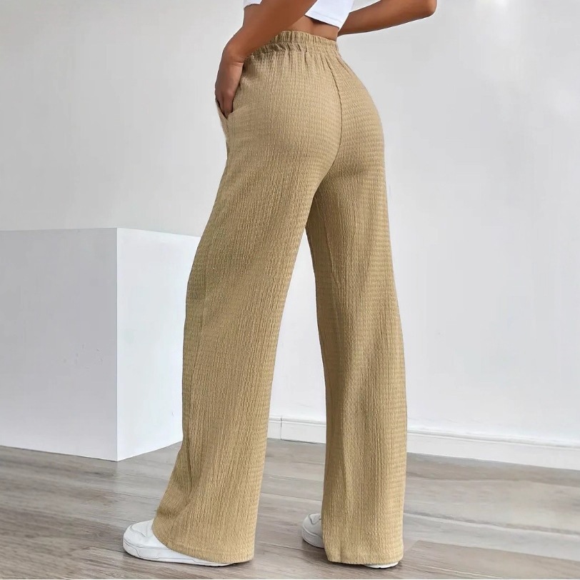 Women's Solid Pattern Loose Elastic Mid-Rise Drawstring Pocket Casual Straight Pants